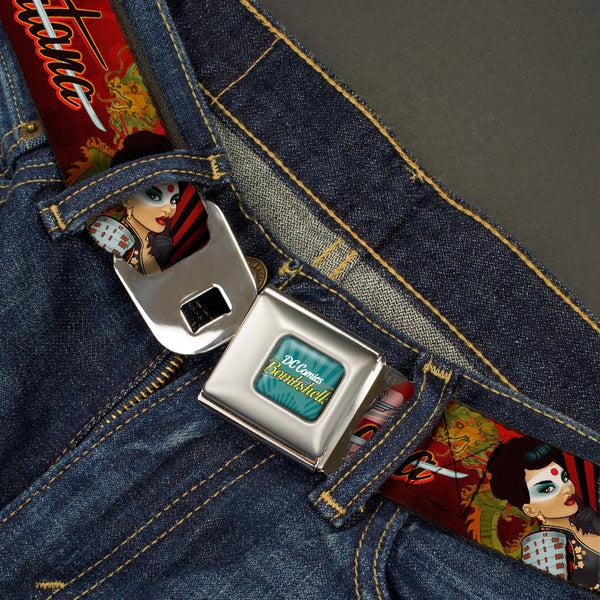 Buckle-Down DC BOMBSHELLS Star Rays Full Color Blues Seatbelt Belt - KATANA Poses & Samurai Dragons/Rays Reds/Black Webbing