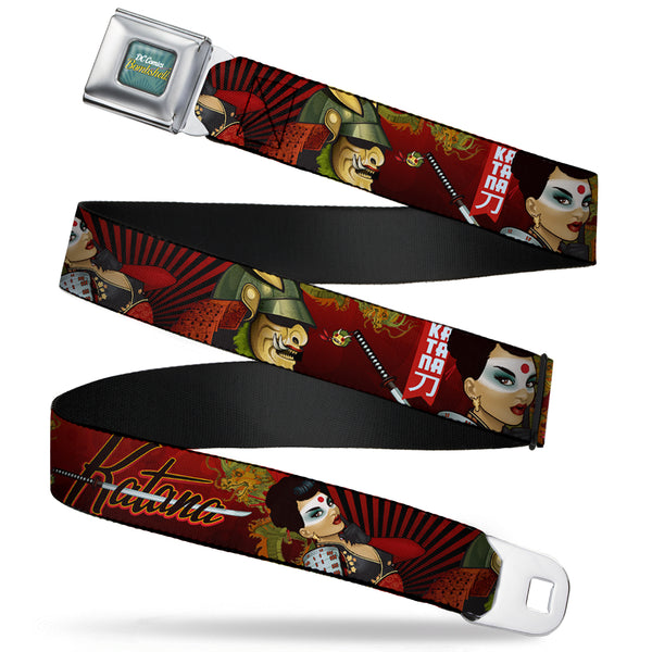 Buckle-Down DC BOMBSHELLS Star Rays Full Color Blues Seatbelt Belt - KATANA Poses & Samurai Dragons/Rays Reds/Black Webbing