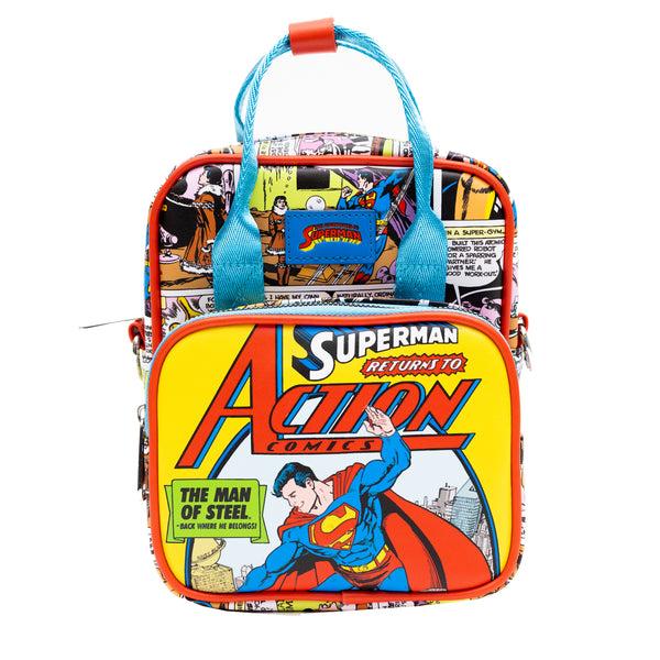 Buckle-Down DC Comics Bag Crossbody Superman Return to Action Comics Cover Pose and Scenes Vegan Leather