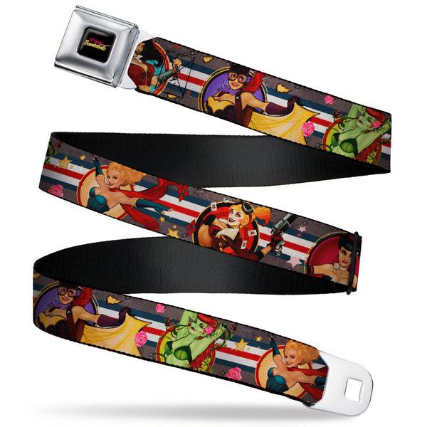 Buckle-Down DC COMICS BOMBSHELLS Logo Full Color Black/Pinks/Yellow Seatbelt Belt - DC Bombshell Pin-Up Girls Webbing