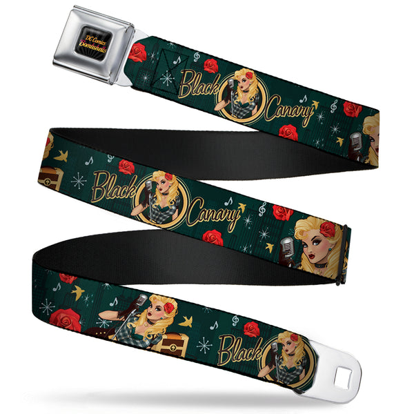 Buckle-Down DC COMICS BOMBSHELLS Rays Full Color Black Gray Orange-Red Fade Seatbelt Belt - BLACK CANARY Bombshell Pose/Roses Greens/Reds/Yellow Webbing