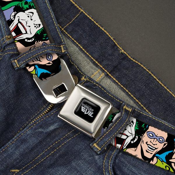 Buckle-Down DC COMICS FOREVER EVIL Logo Black/Silver Seatbelt Belt - Justice League Villains CLOSE-UP Webbing