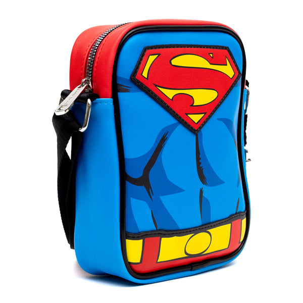 Buckle-Down DC Comics Vegan Leather Crossbody Bag With Adjustable Straps Superman Character Close Up With Super Logo And Belt Appliques Blue