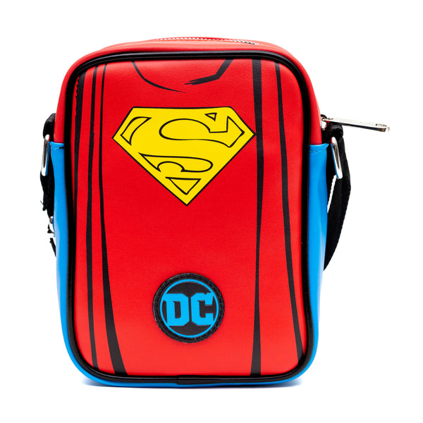 Buckle-Down DC Comics Vegan Leather Crossbody Bag With Adjustable Straps Superman Character Close Up With Super Logo And Belt Appliques Blue
