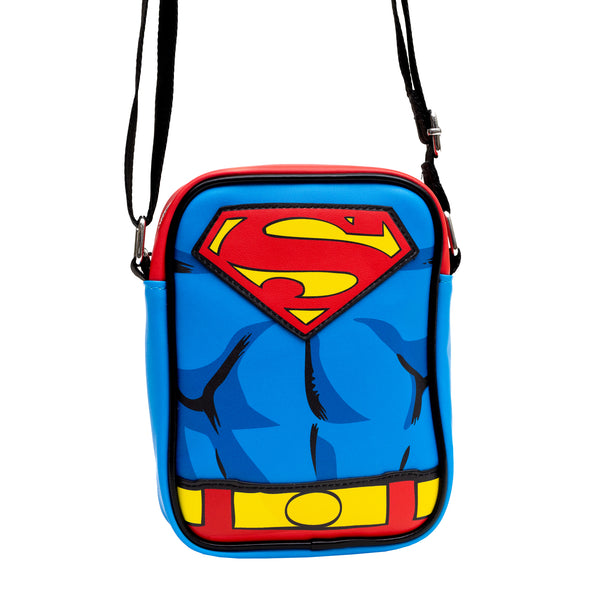 Buckle-Down DC Comics Vegan Leather Crossbody Bag With Adjustable Straps Superman Character Close Up With Super Logo And Belt Appliques Blue