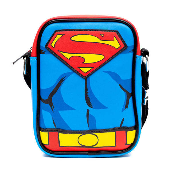 Buckle-Down DC Comics Vegan Leather Crossbody Bag with Adjustable Straps Superman Character Close Up with Super Logo and Belt Appliques Blue
