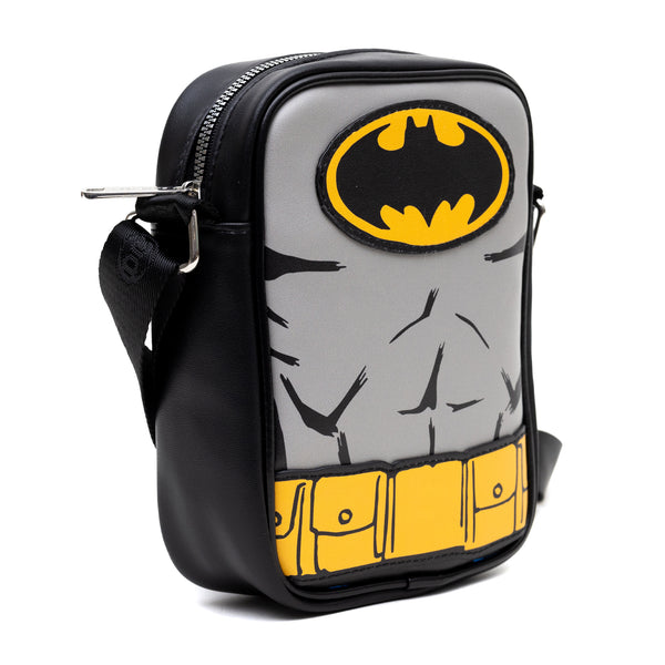 Buckle-Down DC Comics Vegan Leather Round Crossbody Bag With Adjustable Straps Batman Character Close Up With Bat And Belt Appliques Black And Grey