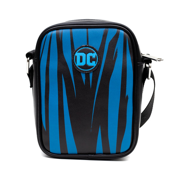 Buckle-Down DC Comics Vegan Leather Round Crossbody Bag With Adjustable Straps Batman Character Close Up With Bat And Belt Appliques Black And Grey