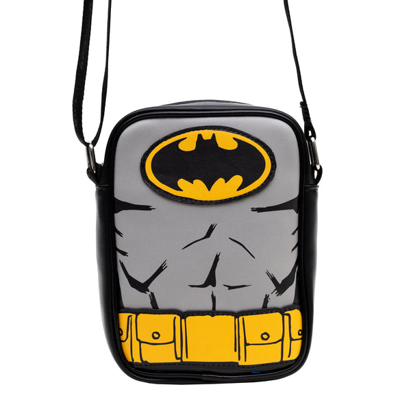 Buckle-Down DC Comics Vegan Leather Round Crossbody Bag With Adjustable Straps Batman Character Close Up With Bat And Belt Appliques Black And Grey