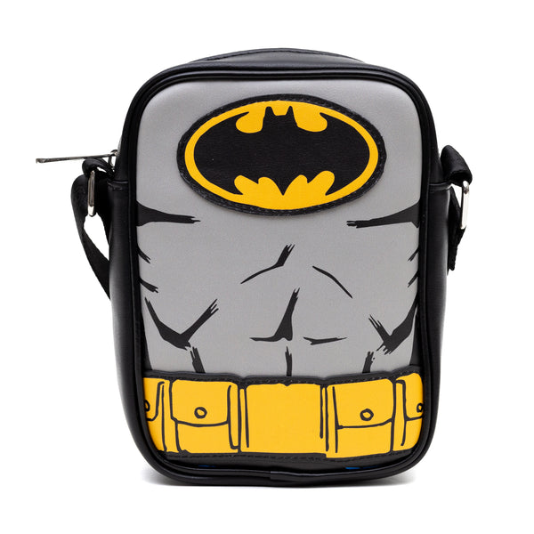 Buckle-Down DC Comics Vegan Leather Round Crossbody Bag with Adjustable Straps Batman Character Close Up with Bat and Belt Appliques Black and Grey
