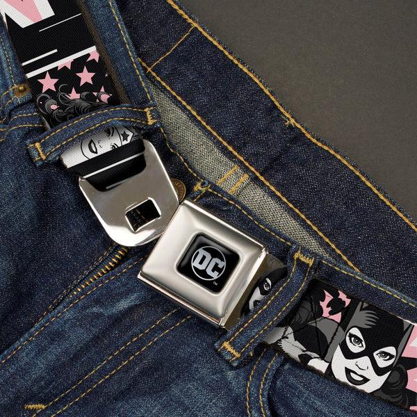 Buckle-Down DC Round Logo Black/Silver Seatbelt Belt - Batgirl/Wonder Woman/Supergirl Retro Panels Black/Pink/White Webbing
