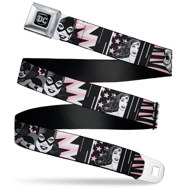 Buckle-Down DC Round Logo Black/Silver Seatbelt Belt - Batgirl/Wonder Woman/Supergirl Retro Panels Black/Pink/White Webbing