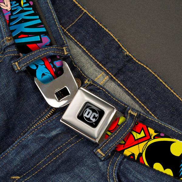 Buckle-Down DC Round Logo Black/Silver Seatbelt Belt - Batman/Robin/Superman Pose/Logo Dot Black/Purple Webbing