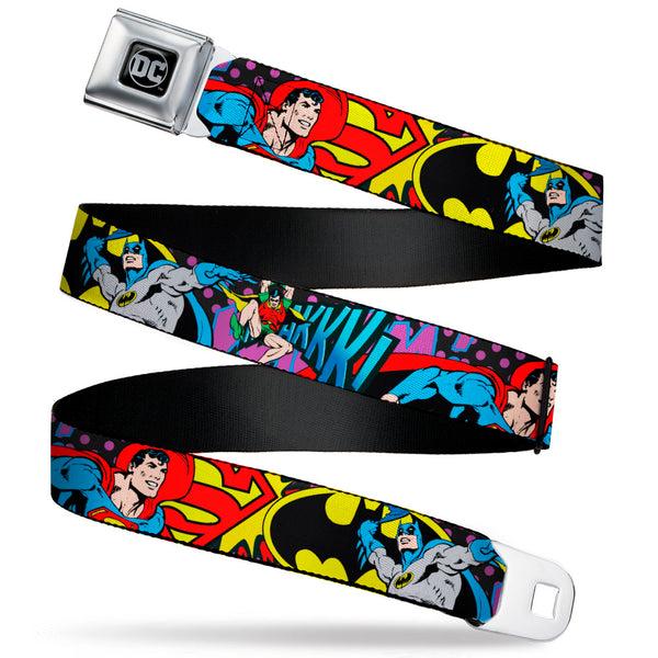 Buckle-Down DC Round Logo Black/Silver Seatbelt Belt - Batman/Robin/Superman Pose/Logo Dot Black/Purple Webbing