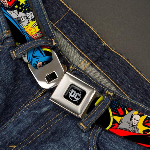 Buckle-Down DC Round Logo Black/Silver Seatbelt Belt - Classic Batman/Joker & Superman/Lex Luthor Halftone Black/Blue Webbing