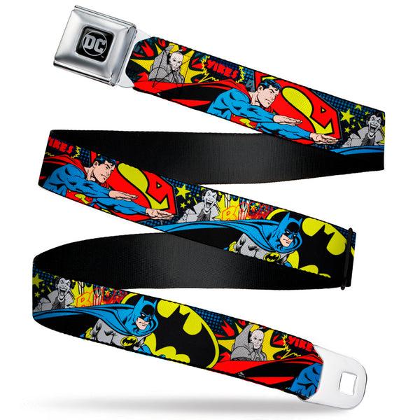 Buckle-Down DC Round Logo Black/Silver Seatbelt Belt - Classic Batman/Joker & Superman/Lex Luthor Halftone Black/Blue Webbing