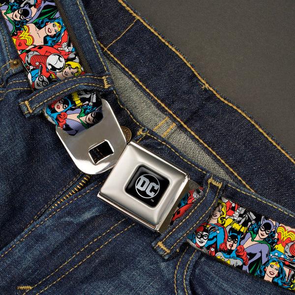 Buckle-Down DC Round Logo Black/Silver Seatbelt Belt - DC Comics 3-Superheroine/2-Villain Character Collage Webbing