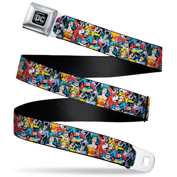 Buckle-Down DC Round Logo Black/Silver Seatbelt Belt - DC Comics 3-Superheroine/2-Villain Character Collage Webbing