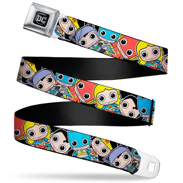 Buckle-Down DC Round Logo Black/Silver Seatbelt Belt - DC Mini Group Stacked Black Webbing