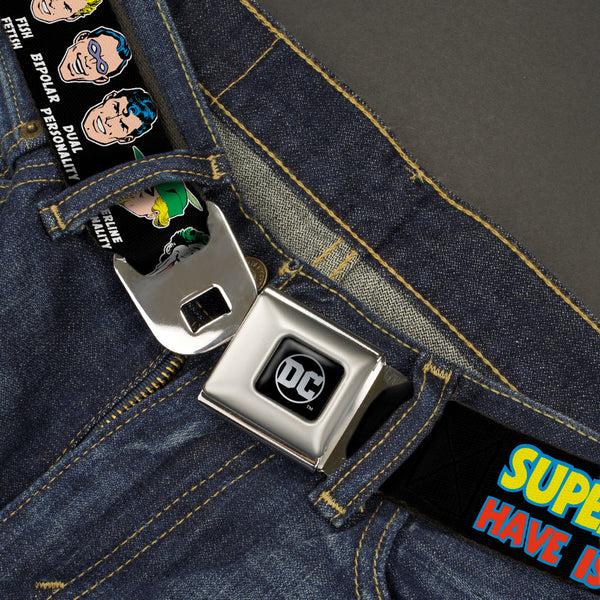 Buckle-Down DC Round Logo Black/Silver Seatbelt Belt - DC Originals SUPER HEROES HAVE ISSUES TOO Faces/Issues Black Webbing