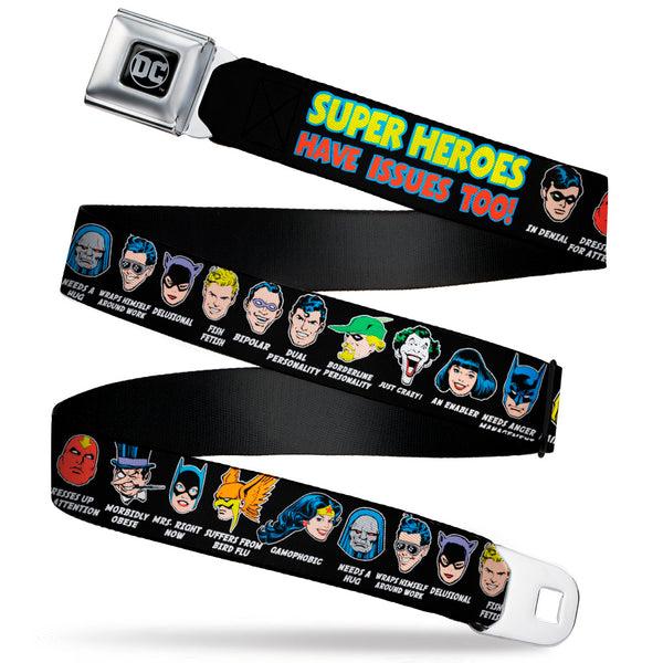 Buckle-Down DC Round Logo Black/Silver Seatbelt Belt - DC Originals SUPER HEROES HAVE ISSUES TOO Faces/Issues Black Webbing