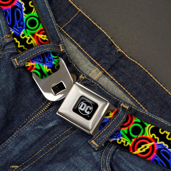 Buckle-Down DC Round Logo Black/Silver Seatbelt Belt - Justice League Electric Logos Stacked Black/Multi Neon Webbing