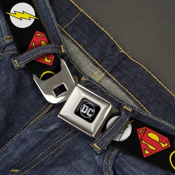 Buckle-Down DC Round Logo Black/Silver Seatbelt Belt - Justice League Superhero Logos Webbing