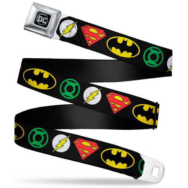 Buckle-Down DC Round Logo Black/Silver Seatbelt Belt - Justice League Superhero Logos Webbing