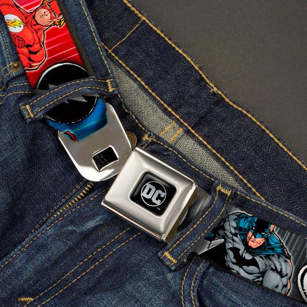 Buckle-Down DC Round Logo Black/Silver Seatbelt Belt - Justice League Elite Forces Superheroes Pose/Logos Webbing