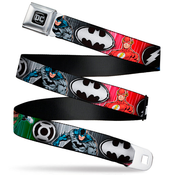 Buckle-Down DC Round Logo Black/Silver Seatbelt Belt - Justice League Elite Forces Superheroes Pose/Logos Webbing