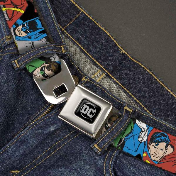 Buckle-Down DC Round Logo Black/Silver Seatbelt Belt - Justice League Superheroes CLOSE-UP New Webbing
