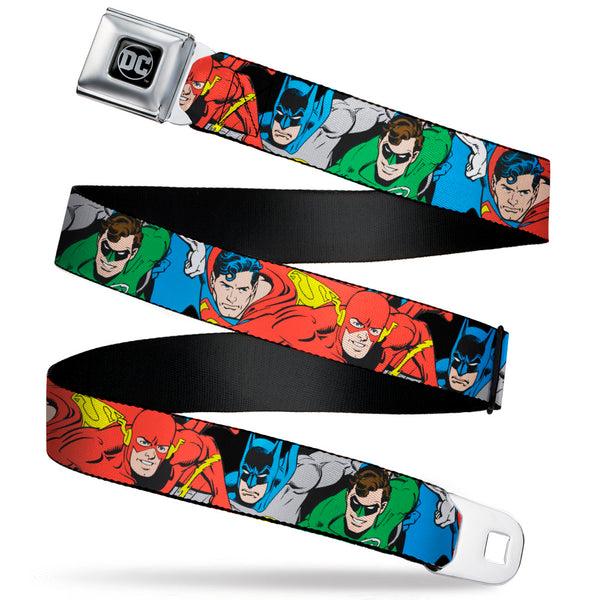 Buckle-Down DC Round Logo Black/Silver Seatbelt Belt - Justice League Superheroes CLOSE-UP New Webbing