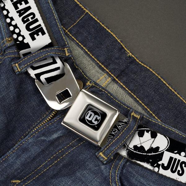 Buckle-Down DC Round Logo Black/Silver Seatbelt Belt - JUSTICE LEAGUE Superheroes Retro Pop White/Black Webbing