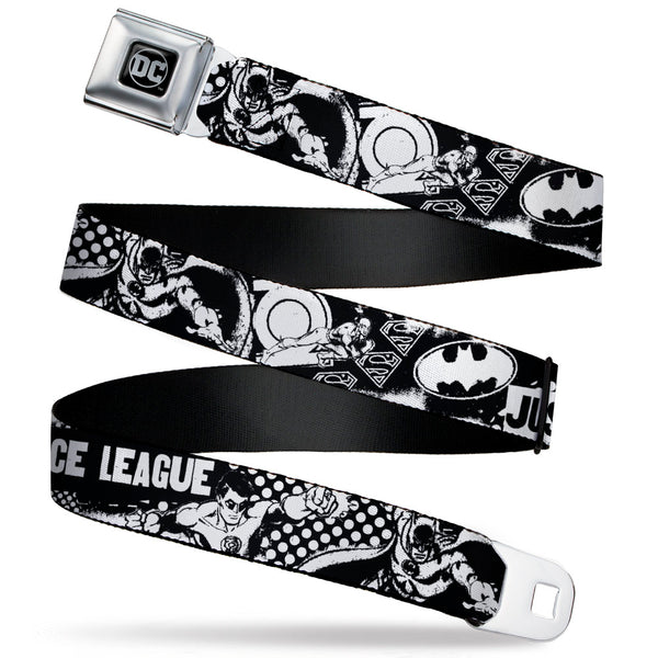 Buckle-Down DC Round Logo Black/Silver Seatbelt Belt - JUSTICE LEAGUE Superheroes Retro Pop White/Black Webbing