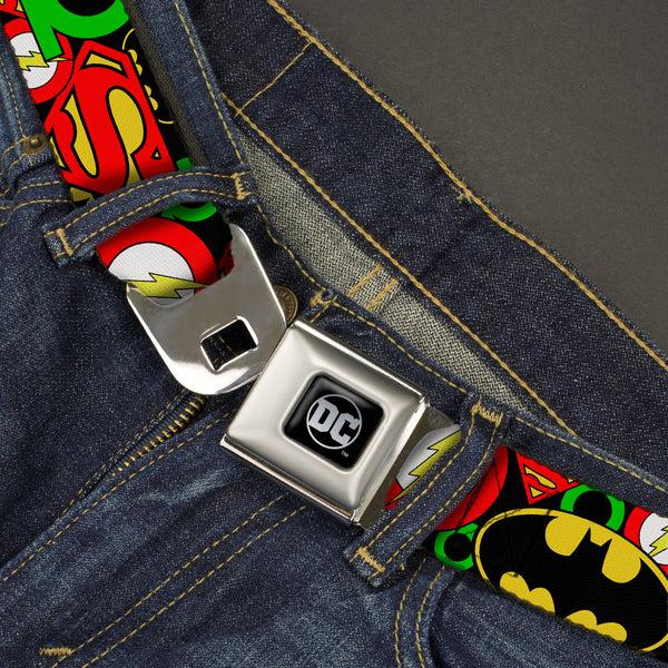 Buckle-Down DC Round Logo Black/Silver Seatbelt Belt - Justice League Stacked Logos Webbing