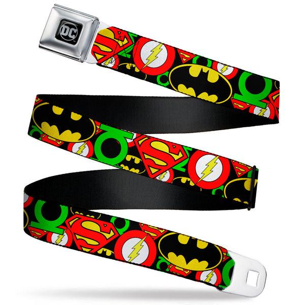Buckle-Down DC Round Logo Black/Silver Seatbelt Belt - Justice League Stacked Logos Webbing