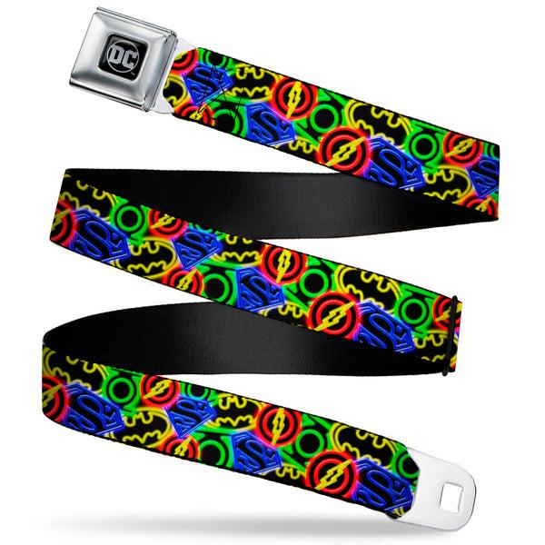 Buckle-Down DC Round Logo Black/Silver Seatbelt Belt - Justice League Electric Logos Stacked Black/Multi Neon Webbing