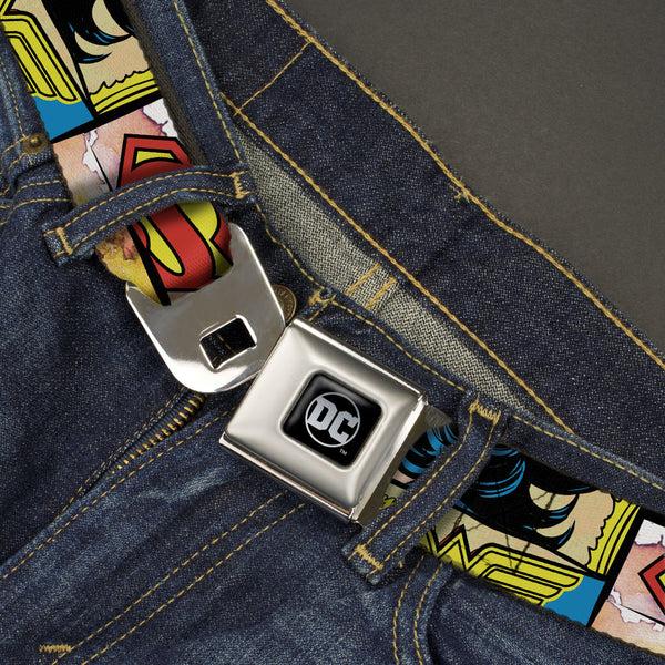 Buckle-Down DC Round Logo Black/Silver Seatbelt Belt - Superheroines Wonder Woman/Supergirl/Batgirl Webbing