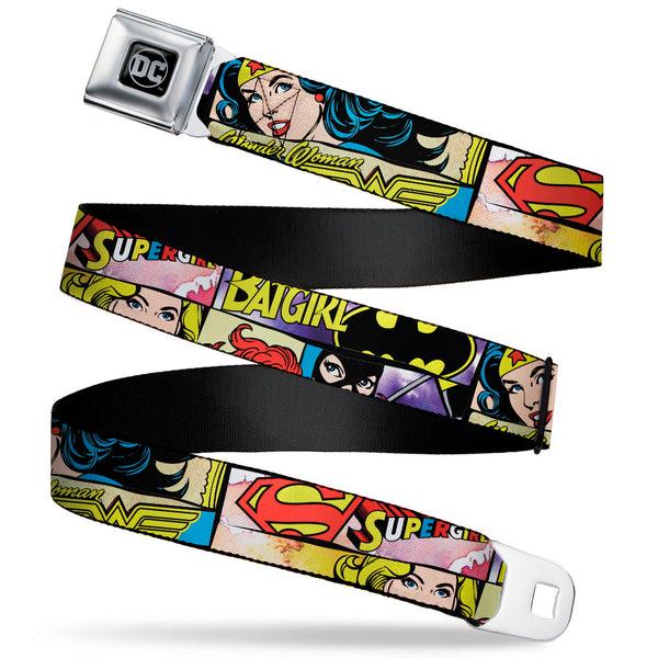 Buckle-Down DC Round Logo Black/Silver Seatbelt Belt - Superheroines Wonder Woman/Supergirl/Batgirl Webbing