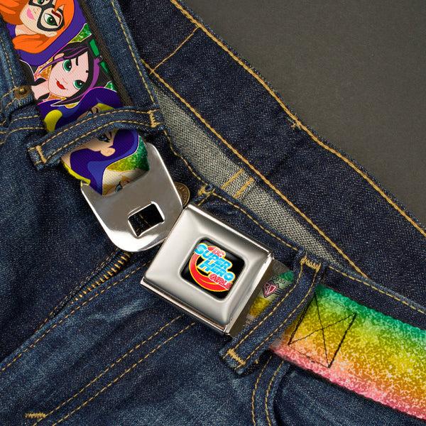 Buckle-Down DC SUPERHERO GIRLS Logo Full Color Black Gold Red Blue Seatbelt Belt - DC SUPERHERO GIRLS 9-Character Group Pose Green/Yellow/Pink-Fade Webbing