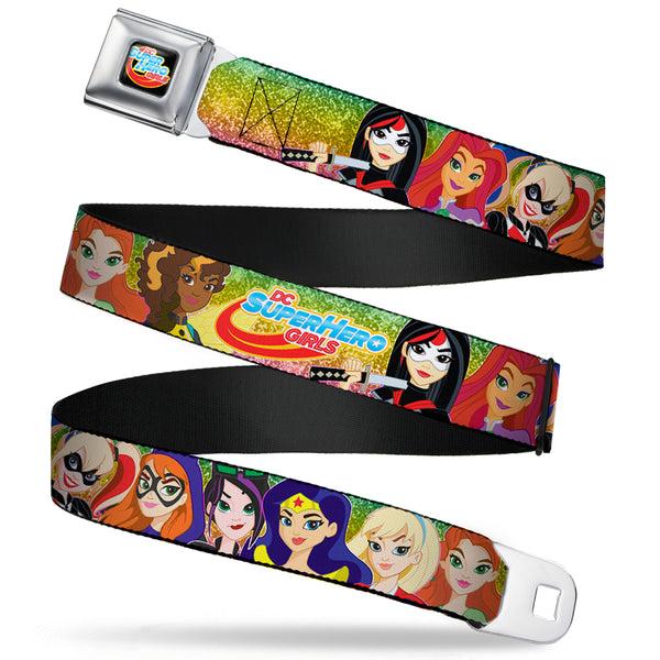 Buckle-Down DC SUPERHERO GIRLS Logo Full Color Black Gold Red Blue Seatbelt Belt - DC SUPERHERO GIRLS 9-Character Group Pose Green/Yellow/Pink-Fade Webbing