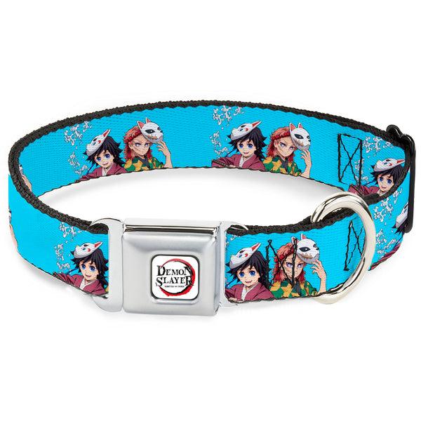 Buckle-Down DEMON SLAYER Title Logo Full Color White Seatbelt Buckle Collar - Demon Slayer Giyu and Sabito Warding Mask Pose Blue