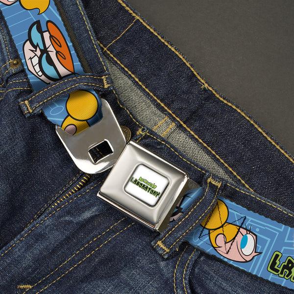 Buckle-Down DEXTER'S LABORATORY Title Logo Full Color White/Black/Green Seatbelt Belt - DEXTER'S LABORATORY Title Logo With Dexter And Dee Dee Expressions Blues Webbing