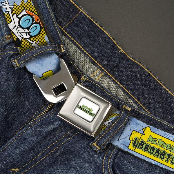 Buckle-Down DEXTER'S LABORATORY Title Logo Full Color White/Black/Green Seatbelt Belt - DEXTER'S LABORATORY Title Logo And Dexter Pose Blues/Yellow/Black Webbing