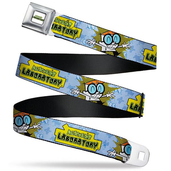 Buckle-Down DEXTER'S LABORATORY Title Logo Full Color White/Black/Green Seatbelt Belt - DEXTER'S LABORATORY Title Logo and Dexter Pose Blues/Yellow/Black Webbing
