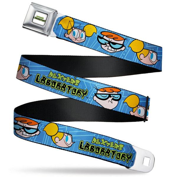 Buckle-Down DEXTER'S LABORATORY Title Logo Full Color White/Black/Green Seatbelt Belt - DEXTER'S LABORATORY Title Logo with Dexter and Dee Dee Expressions Blues Webbing