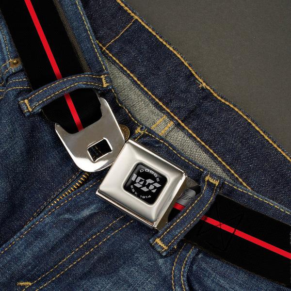 Buckle-Down Dodge 100th Anniversary Logo Brushed Silver Black Seatbelt Belt - Dodge 100th Anniversary Logo/Stripe Black/Red Webbing