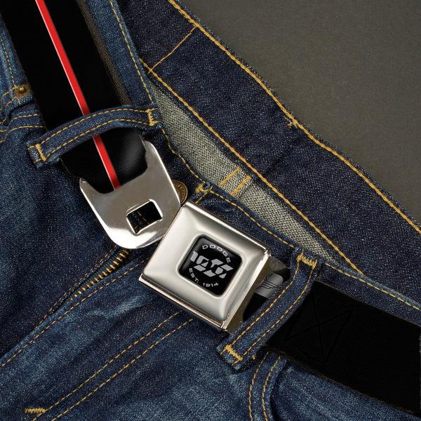 Buckle-Down Dodge 100th Anniversary Logo Brushed Silver Black Seatbelt Belt - Dodge 100th Anniversary Rhombus/Stripe Black-Gray Swirl/Red Webbing