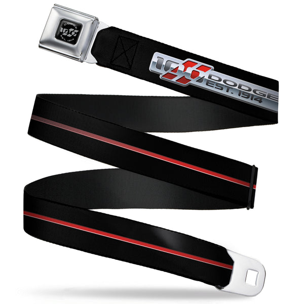 Buckle-Down Dodge 100th Anniversary Logo Brushed Silver Black Seatbelt Belt - Dodge 100th Anniversary Rhombus/Stripe Black-Gray Swirl/Red Webbing