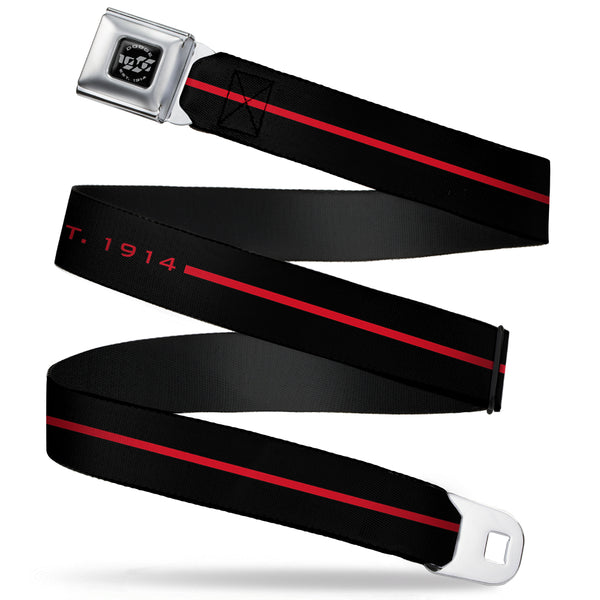Buckle-Down Dodge 100th Anniversary Logo Brushed Silver Black Seatbelt Belt - Dodge 100th Anniversary Logo/Stripe Black/Red Webbing
